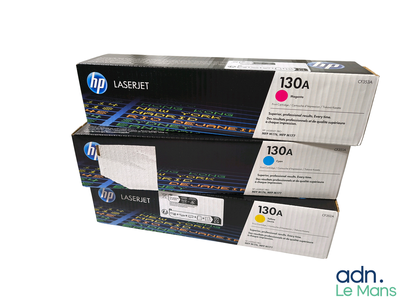 three hp 130a toner cartridges are stacked on top of each other