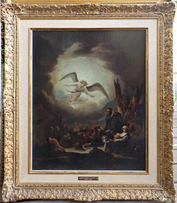 an oil painting of two birds flying over a group of people