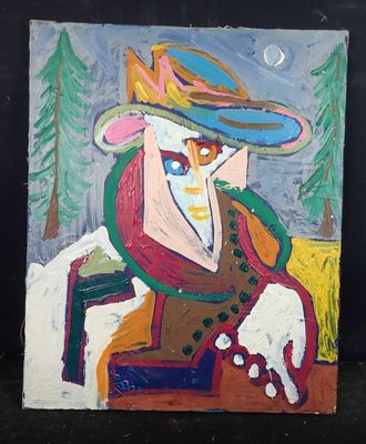 tableau représentant un homme, coiffé d'un chapeau et vêtu d'un manteau, assis devant des arbres