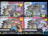 three different pokemon trading cards are on display in a display case
