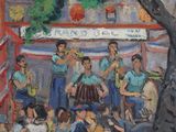 a painting of a group of people standing in front of a building