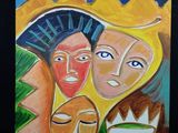 tableau représentant un groupe de personnes aux visages se détachant sur un fond noir