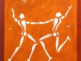 a painting of two people holding hands in front of a brown background