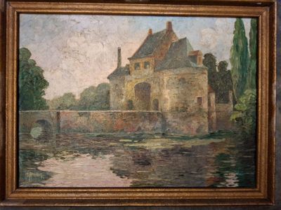 une peinture à l'huile représentant une maison au bord d'une rivière, avec un pont