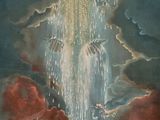 une image représentant une peinture d'une cascade au milieu d'une forêt
