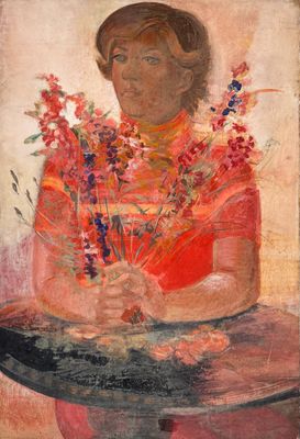 une image représentant un tableau où l'on voit une femme tenant des fleurs sur une table
