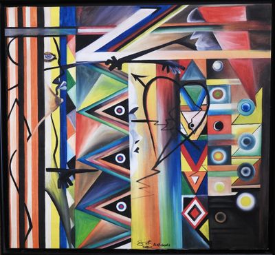 a painting of a colorful abstract painting with a black frame