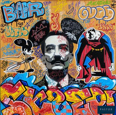 tableau représentant un homme muni d'une moustache, debout devant un mur recouvert de graffitis