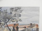 a watercolor painting of a view of a town
