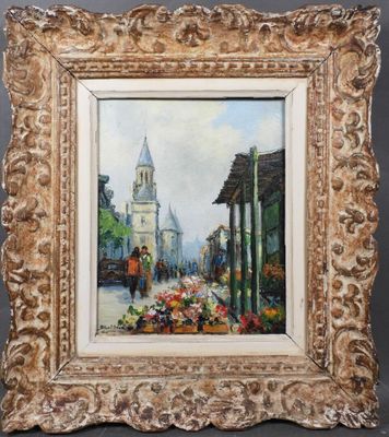 une peinture à l'huile représentant une scène de rue avec une église à l'arrière-plan