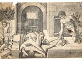 un vieux dessin représentant un homme allongé sur un lit à côté d'une femme