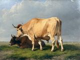 a painting of a cow and a calf in a field