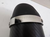 a close up of a black helmet with a silver band