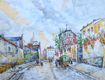 un tableau représentant des personnes marchant dans la rue avec des parapluies