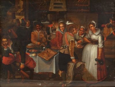 tableau représentant un groupe de personnes réunies autour d'une table dans une pièce