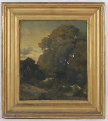une image d'un tableau représentant un paysage avec des arbres au premier plan