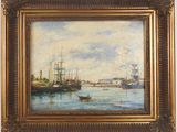 an oil painting of a harbor scene with ships in the water