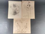 trois dessins représentant un homme en smoking, une femme en robe et un homme en smoking
