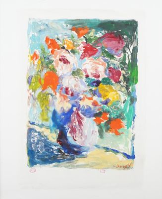 an image of a painting of flowers in a vase on a table
