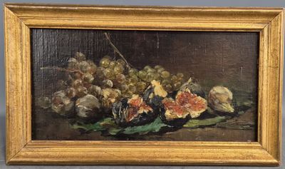 tableau représentant une nature morte avec des raisins et des figues, dans un cadre doré