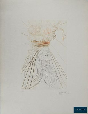 un vieux dessin représentant une femme en robe avec un oiseau sur la tête