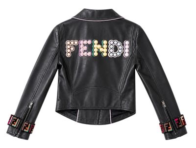 a black leather jacket with the word ' girls ' written on it