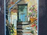 an oil painting of a doorway with flowers and potted plants