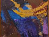 an abstract painting of a blue and yellow boat on a purple background