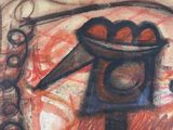 a painting of a bird with a bowl of fruit on it