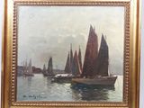 an oil painting of boats in a harbor with buildings in the background