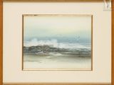 tableau représentant des vagues qui déferlent sur une plage, avec des oiseaux volant dans le ciel