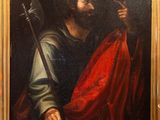 an oil painting of a man holding a sword and a red cloak