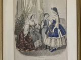 an old picture of a woman in a blue dress talking to a woman in a white dress