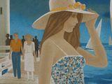 a painting of a woman wearing a hat on a pier