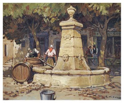 a painting of a fountain in a park with people around it