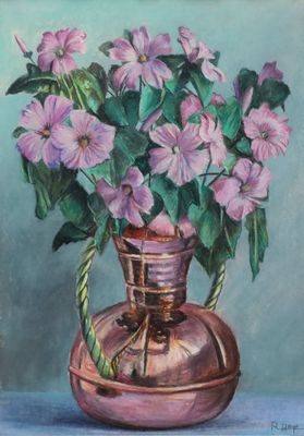 painting of purple flowers in a copper vase on a blue surface