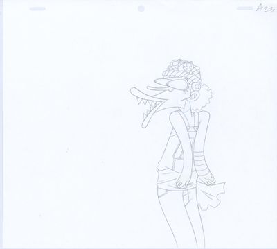 dessin représentant une femme en robe, coiffée d'un chapeau et tenant un sac à main