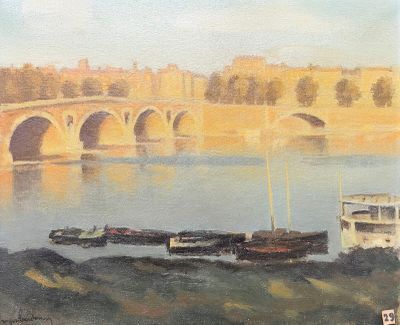 a painting of a bridge over a body of water
