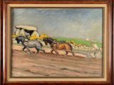 une peinture à l'huile représentant un homme labourant un champ avec deux chevaux