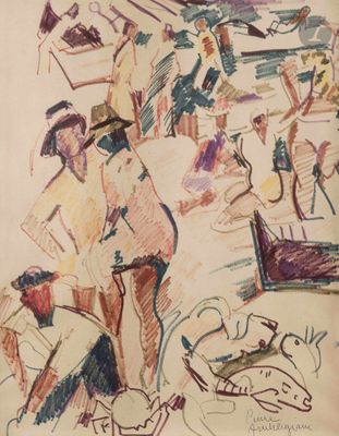dessin représentant un groupe de personnes assises sur une plage au bord d'un plan d'eau