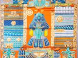 an orange and blue scarf with a picture of a woman in a blue dress