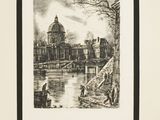 an image of a black and white drawing of a building and a river