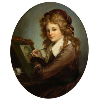 portrait d'une jeune femme tenant un pinceau et un tableau