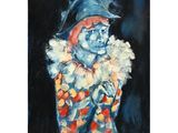 un tableau représentant un clown tenant un bouquet de fleurs dans ses mains