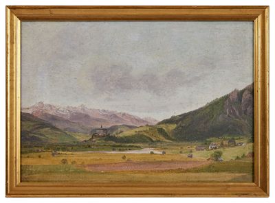 l'image d'un tableau représentant un paysage avec des montagnes en arrière-plan