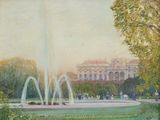 a painting of a fountain in a park with a building in the background