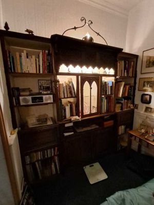 un lit et une bibliothèque dans une petite pièce