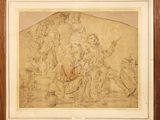 an old drawing of a group of people sitting around a table