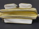 gold and white leather purse with two compartments and a zipper