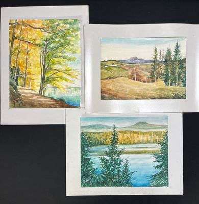 three watercolor paintings of trees and a lake on a black background
